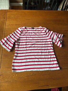 Talbots Red and White Striped Ruffle Sleeve Tee
